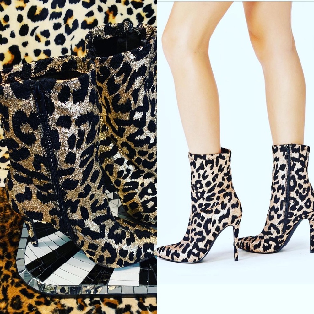 NEW Just Fab Metallic Leopard Heel Boots Gold
